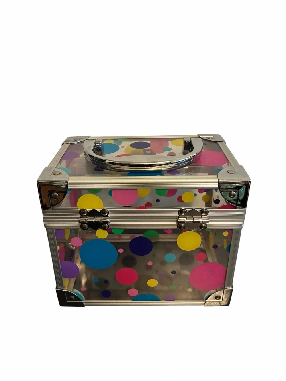 Caboodles Clear Polka Dot Train Case Makeup Organizer Silver Aluminum Trim Y2K